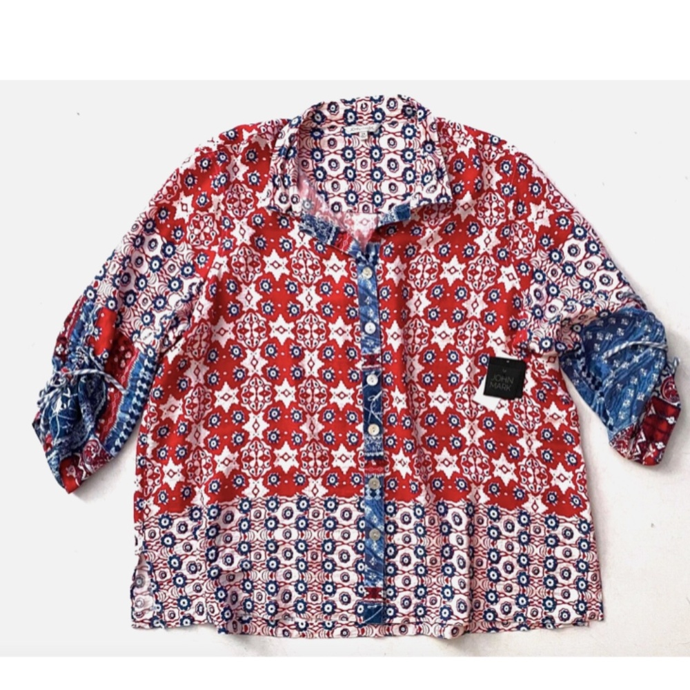 John Mark Tile Print Wire Collar 3/4 Cinched Sleeve Button Front Tunic Top 2X